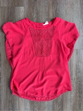 Meadow Rue Hot Pink Crochet Yoke Flutter Sleeve Blouse